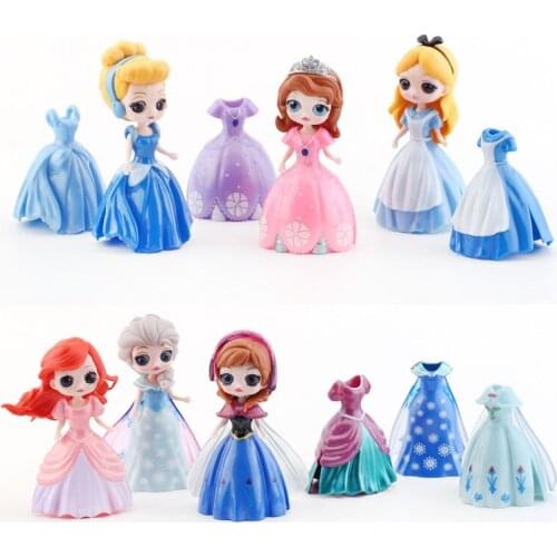 6pcs Disney Q Version Frozen Anime Figures Princess Change Clothes Dolls Dress Action Figures Kids Toys Cake Decoration