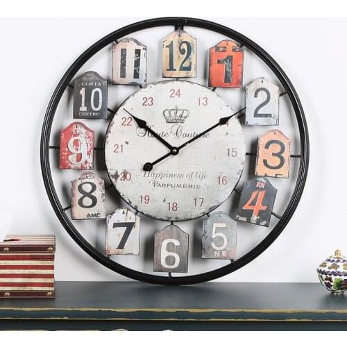 European Wrought Iron Retro Wall Clock Bedroom Home Living Room Decor Large Wall Clock Modern Design Metal Hollow Round Clocks