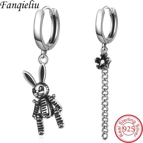 Fanqieliu Asymmetric Drop Earrings Vintage Thai Silver Earrings For Women Punk Jewelry Lovely Rabbit Crystal Earring FQL20022