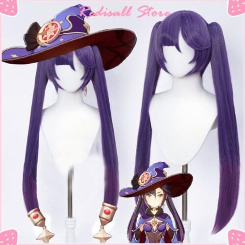 Genshin Impact Mona Cosplay Wig Purple Base Wig with Pigtails Heat Resistant Purple Adult Women Halloween Role Play Free Cap