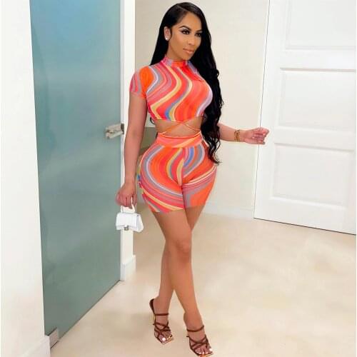 Hirigin New Clothing Outfits Women’s Casual Two Piece Sets Irregular Stripe Short Sleeve Tie-up Tops and Tight Shorts