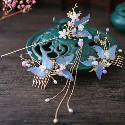 Chinese Hanfu Traditional Classical Style Handmade Tassel Butterfly Hair Comb Hairpin Sets Girls Butterfly Hair Accessories
