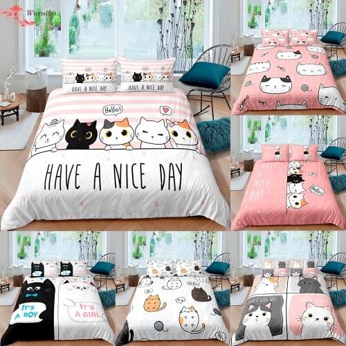 Cartoon Kitten Printed Bedding Set Cute Pet Cats Duvet Cover Set For Girl Twin Full King Double Sizes Pillowcase Home Bedclothes