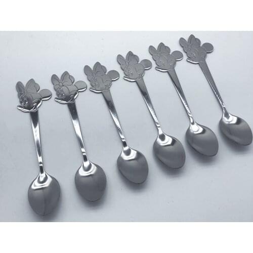 6pcs Stainless Steel Tea Spoons set Cartoon Mickey Minnie Spoon Fork Cream Dessert Teaspoon Portable Kids Children Baby Cutlery