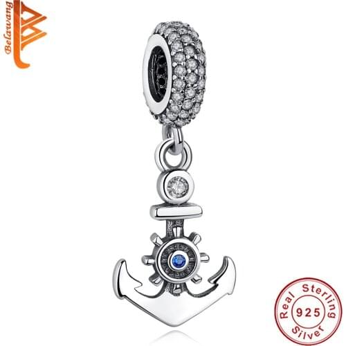 Wholesale Real 925 Sterling Silver Blue Rudder Charm With Clear CZ Sailing Bead Fit Original Bracelet Women DIY Jewelry