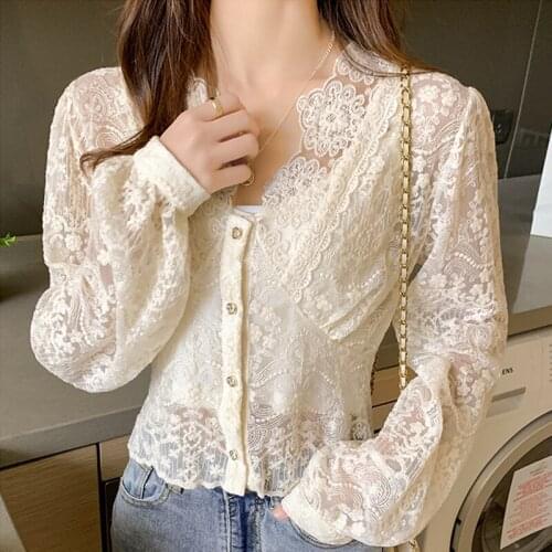 Autumn Floral Embroidery Lace Blouse Women Chic Lace Long Sleeve Ladies Shirt Fashion V Neck See Through Chiffon Tops Slim 14187