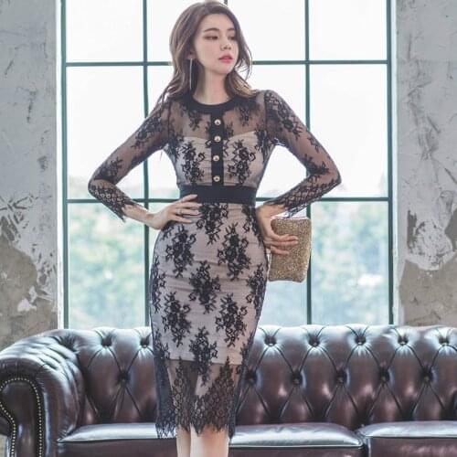 S-XL Plus Size Fall Dresses for Women Long Sleeve See Through Black Lace Dress Ladies Autumn Winter Fashion Woman Clothing 2020