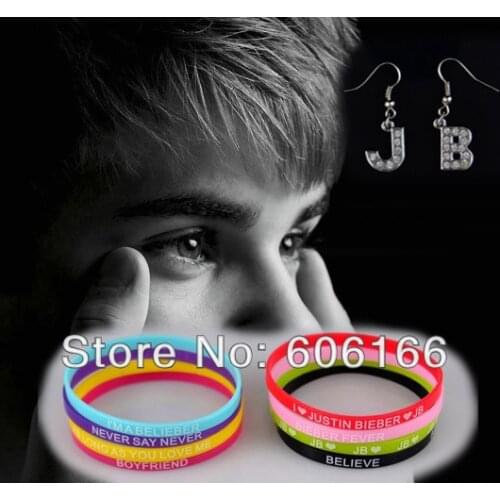 Mix Hot 96pcs 5mm Justin Bieber Belieber Silicone Bracelet Wristbands JB Earring Fashion Jewelry Wholesale