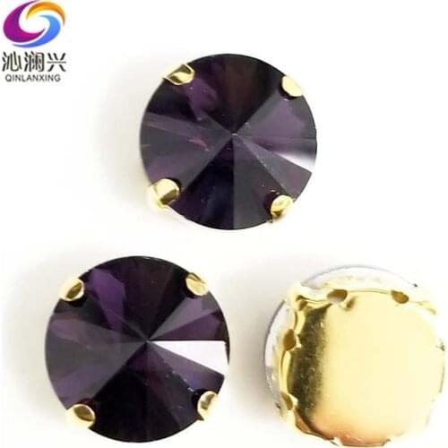 Deep purple round shape golden bottom AAA Glass Crystal sew on claw rhinestones with holes,Diy Clothing accessories SWRG16