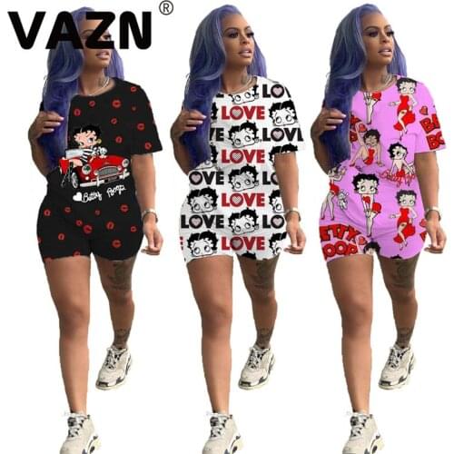 VAZN New fashion 2020 summer sexy lady 3 colors 2-piece short set short sleeve O-neck letters shorts set young girl daily sets