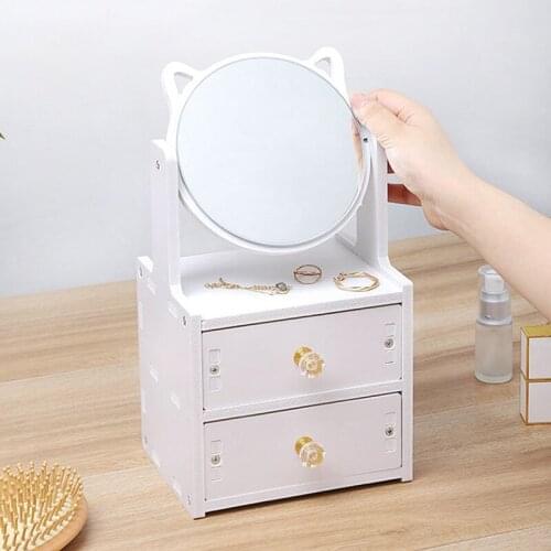 Rotate Makeup Mirror with Drawers Cosmetic Storage Box Dressing Table Jewelry Organizer Desktop Necklace Rack Rings Earring Case