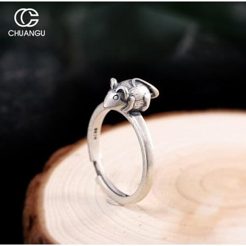 CHUANGU Accessories s925 sterling silver jewelry Thai silver Seiko Zodiac mouse ring opening female sterling silver silver
