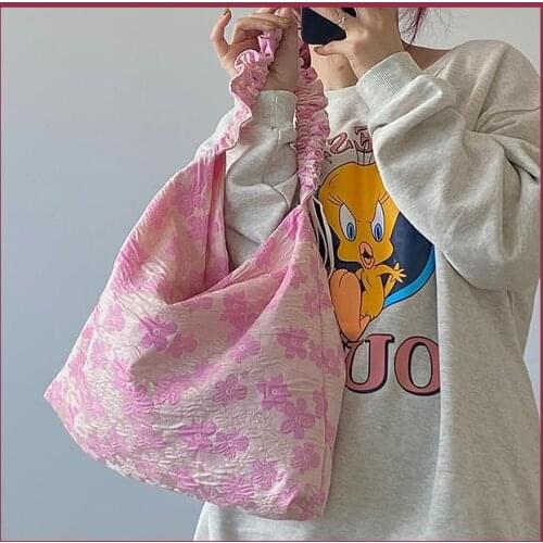 Girl Heart Pink Fold Big Bag Female Flower Jacquard Fabric Large-capacity One-shoulder Messenger Bag Tide 2021 New