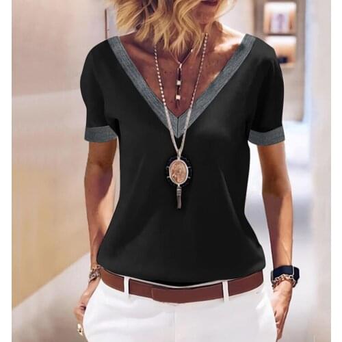 V-Neck Patchwork T Shirt Women Summer Casual Tee Shirt Femme Splice Short Sleeve Loose Tops Tee Female T-Shirt Camisetas