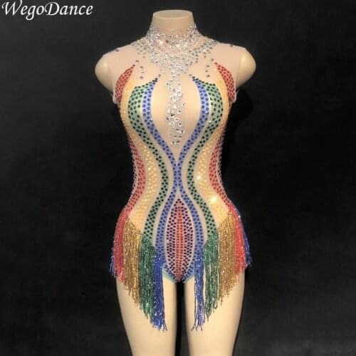 Women Performance Dance Costume Colorful Rainbow Tassel Mesh Leotard Rhinestones Perspective Fringes Bodysuit Stage Wear