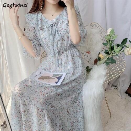 Short Sleeve Dresses Women Chiffon Gentle Print Peter Pan Collar Elegant Female Vestidos Sweet Korean Style Large Size Leisure