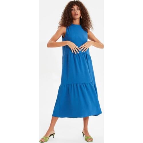 Womens Blue Wide Cut Dress, Ruffles, Casual, Sporty and Special, Ütüye so you Do Not Need, modern Cut, Quality Stitch