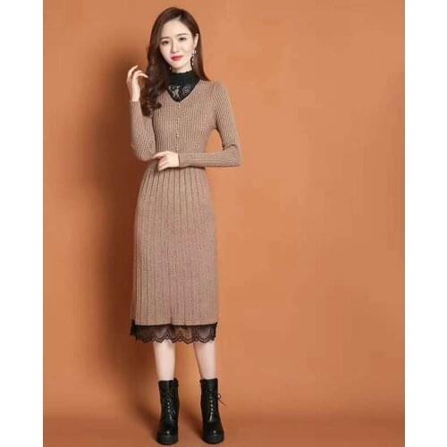 Lace Hem Buttons Women Autumn Winter Sweater Knitted a line Dresses Ribbed Slim Elastic Long Sleeve Lady Bodycon Midi Dresses