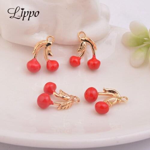 10pcs 13*15mm High Quality Cherry Charm Gold Enamel Fruit Charms For Bracelet Necklace Pendant Nickel free and Lead Free