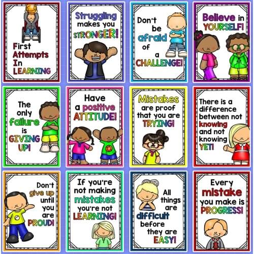 12Pcs A4 Plastic Big Card English Growth Mindset Motivational Educational School Poster Children Classroom Decoration Supplies