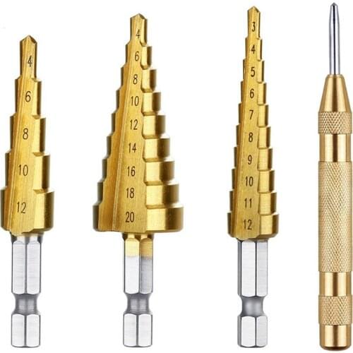3Pcs HSS Step Drill Bit Sets 3-12/4-12/4-20/4-32mm Drilling Tools with Automatic Center Punch For Wood Metal Hole Tooling