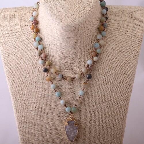 Free Shipping Artisan Jewelry Halsband Rosary Chain Amazonite Stones Beaded Druzy Arrowhead Necklaces