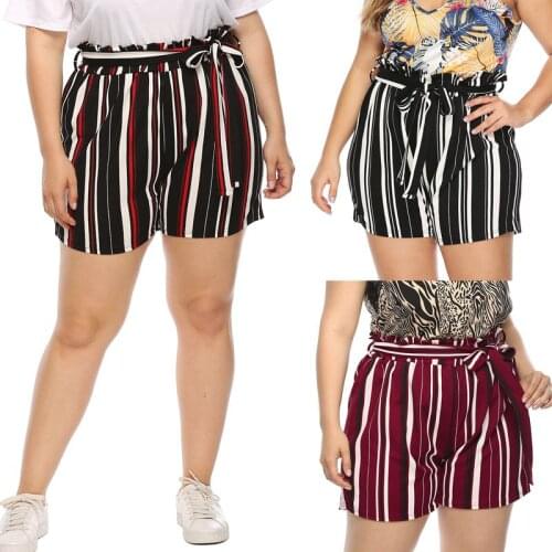 Summer large size shorts 3XL-7XL hips 148CM womens hit color stripe color matching bandage bow loose loose shorts wild casual p