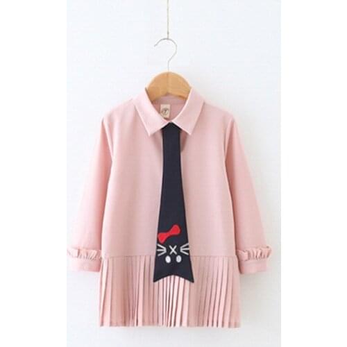 New arrival 2019 children girls spring cute long sleeve cartoon necktie patchwork lace pleated dress 3-8 years