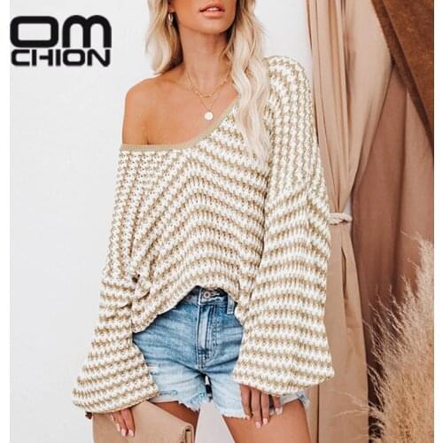 OMCHION Sueter Mujer 2021 New Korean Wave Stripe Deep V Neck One Shoulder Off Oversized Sweater Women Lazy Loose Chic Pullover