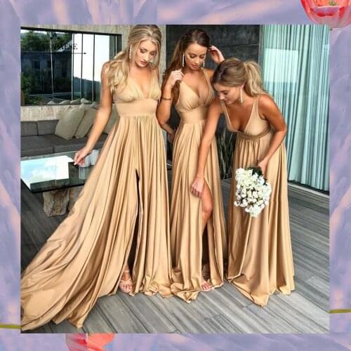 FATAPAESE Sexy Evening Dresses Slit Champagne Gold Bridesmaid Dresses Long Satin V Neck Formal Prom Party Gown Custom-Made
