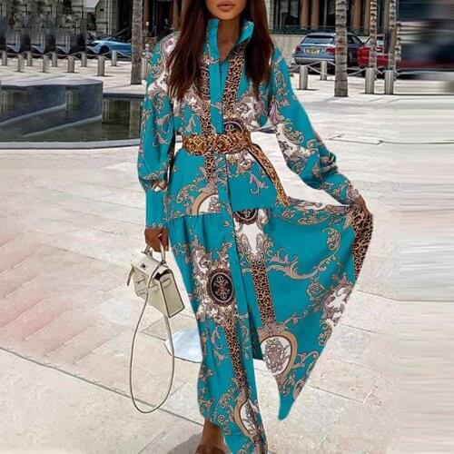 ZANZEA Bohemian Print Maxi Dress Womens Elegant Shirt Dresses Autumn Long Sleeve Kaftan Vestido Holiday Lady Ruffle Robe Longue