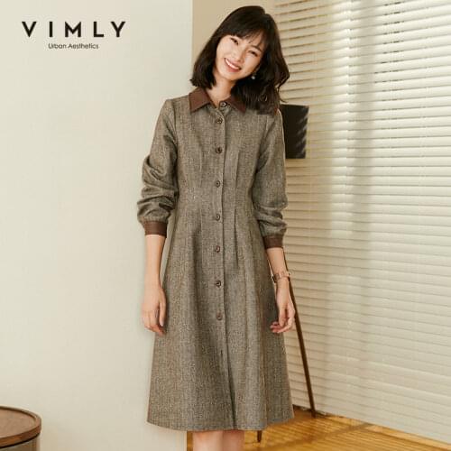 Vimly Women Wool Shirts Dresses Winter Fashion High Waist Single Breasted Turn Down Collar ALine Dress Female Clothes F3523