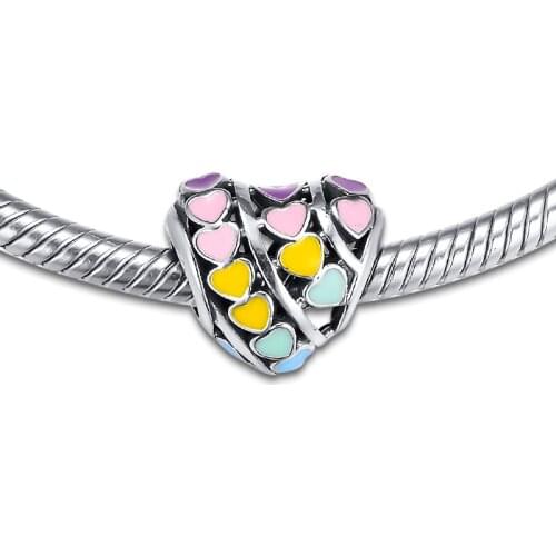 Fits for Pandora Bracelets Multi-Color Hearts Charms with Mixed Enamel 100% 925 Sterling Silver Jewelry Free Shipping