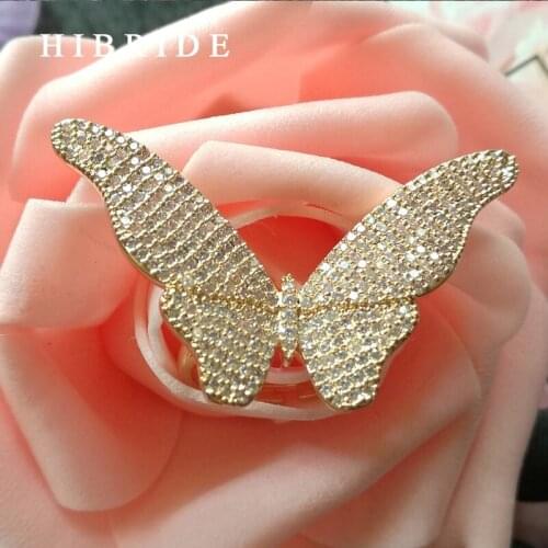HIBRIDE Luxury Big Butterfly Adjustable Women Rings Micro CZ Stone Pave Gold-Color Female Ring For Party Gifts Jewelry R-146