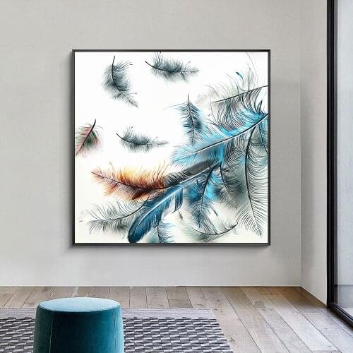 Blue Feathers Abstract Art Canvas Painting Poster Print Wall Art Picture For Living Room Home Decor Frameless