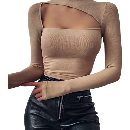 Women’s Casual Long Sleeve Slim T-shirt Fashion Solid Color Hollow High Collar Exposed Navel Tops Sexy Club Summer Tops