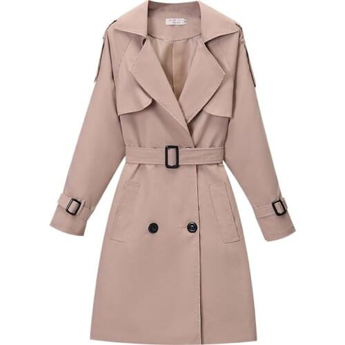 Spring/SummerWomens Windbreaker Korean Slim Turn Down Collar Ladies Outwear Plus Size Casual Khaki Double-breasted Trench Coat