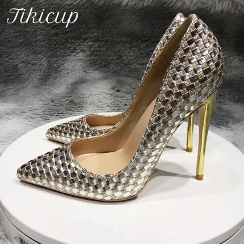 Tikicup Shiny Plaid Chic Women Stilettos High Heels Bling Party Dress Shoes Ladies Ponited Toe Slip On Pumps Plus Size 43 44 45