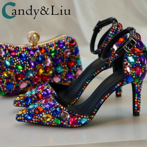Female Sandals Colorful Stone Crystal Rhinestone Lovely Cute Beautiful Shine Bright Party Evening Date Women Bag and Shoes Sets