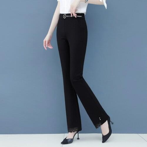 Lace Patchwork Flared Office Lady Pants Women Autumn High Waist High Waist Plus Size Long Womens Trousers Thin Black Pant TA803