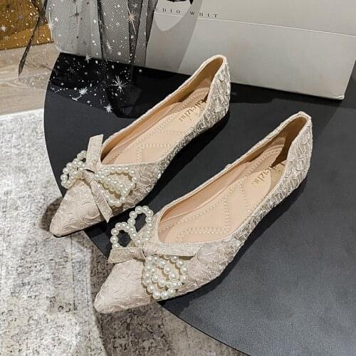 Flat Shoes Women 2021 Autumn Spring New Pointed Bow Pearl Single Shoes Women Flat Shoes Bridesmaid Size 41 42 43