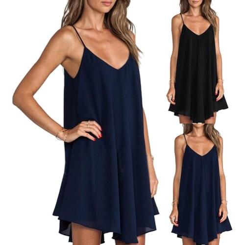 Cross Back V Neck Irregular Hem Loose Mini Sling Dress Casual Women Solid Color