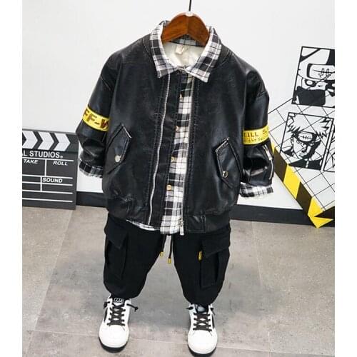 Winter Baby Boys Clothing Set Fashion Child Faux Leather Jacket,Plus Velvet Shirt and Pants 3pcs/Set Tracksuit Kids Clothes Suit