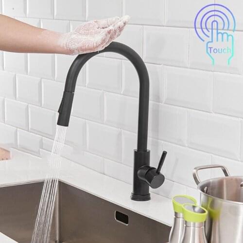 304 Kitchen Smart Touch Pull Out Black Sensor Kitchen Faucets Stainless Steel Smart Induction Mixed Tap Touch Control Sink Tap