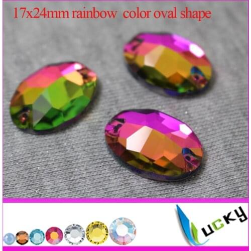 Freeshipping 36pcs 17x24mm oval shape crystal flat back rhinestone rainbow color buttons with two holes The Best Quality