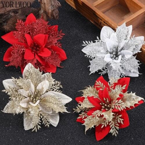 5/10pcs Artificial Christmas Tree Flower Glitter Decorations Xmas Ornaments New Year Gift