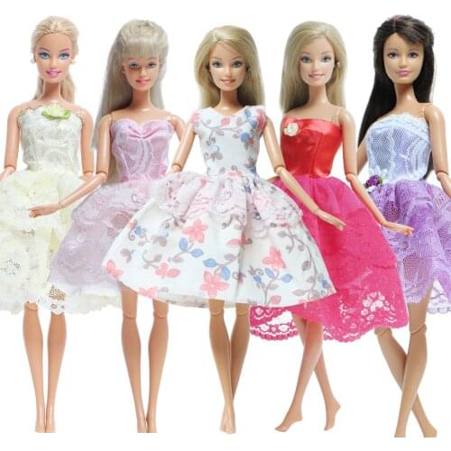 BJDBUS 5 Pcs/ Set Doll Dress High Quality Flower Pattern Blue Summer Party Mini Gown Lace Clothes for Barbie Doll Accessories