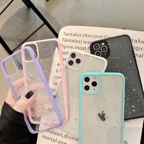 Bling Glitter Stars Sequins Phone Case For iPhone 12 Pro Max 11 XS Max XR 7 8 Plus Color Frame Silicone Soft Clear Back Cover