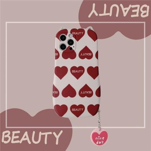 With Pendant Cat Ears Cartoon Red Love Phone Case for iPhone 12 11 Pro Max XR X XS Max 7 8 plus Bumper Soft Back Cover