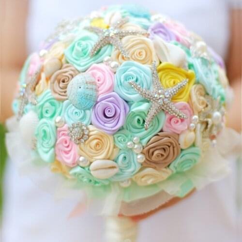 Bride holding flowers, New arrival Romantic Ocean Beach topic Wedding Bride 's Bouquet,Starfish pearl shell bridal bouquets